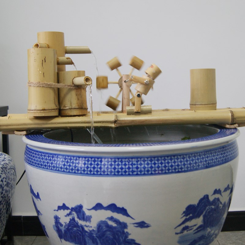 2024款竹子流水器竹子人推水车瓦缸陶瓷鱼缸过滤循环器室内外摆件