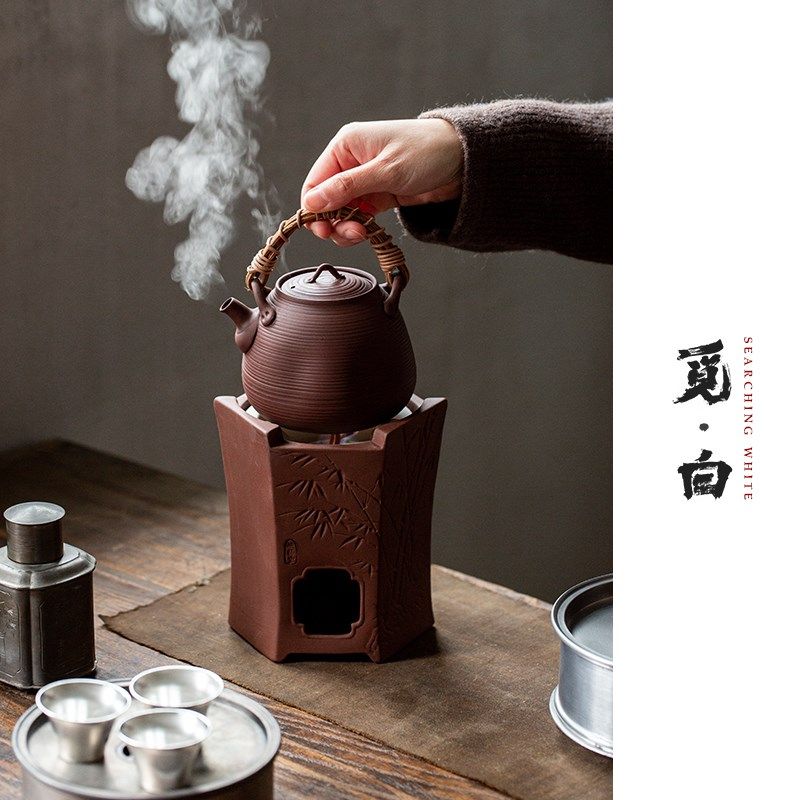 觅白红泥炭炉砂铫手工提梁壶煮茶围E炉火工夫跳盖藤编原矿紫泥潮