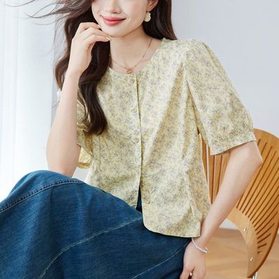 棉茧圆领碎花衬衫女短袖2025年