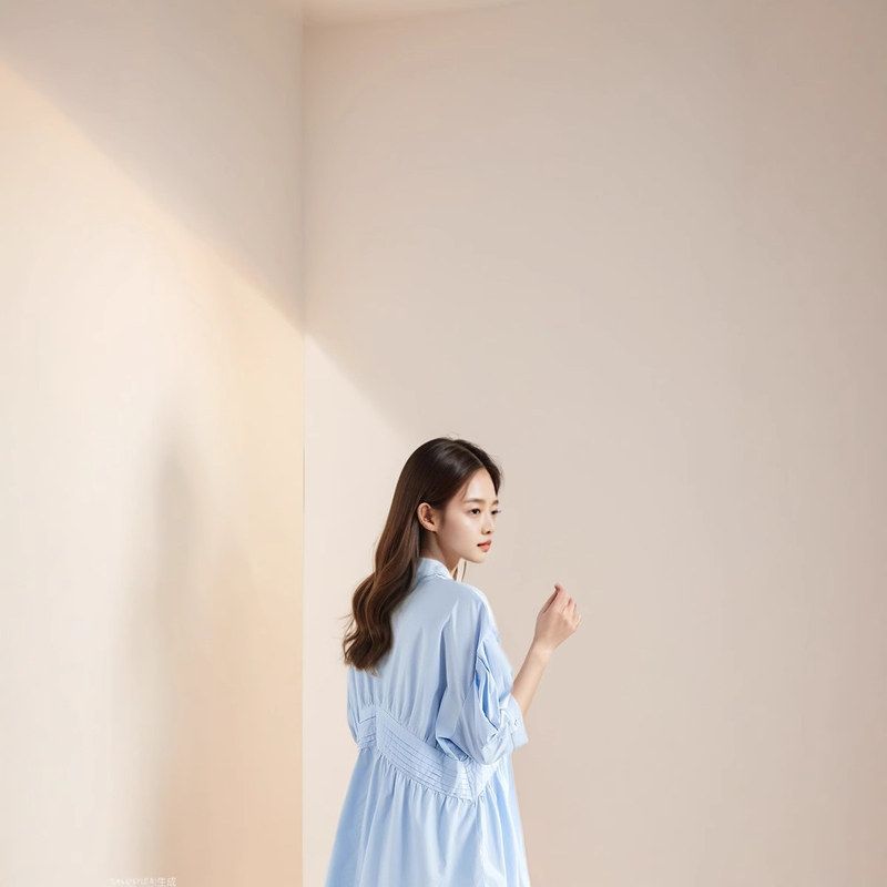 蓝色塔克褶衬衫女七分袖夏装新款