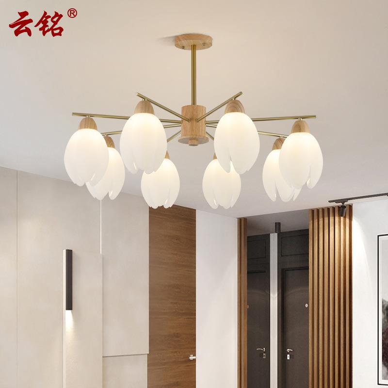 全光谱原木风客厅吊灯法式奶油白铃兰花卧室灯简约现代餐厅灯8589
