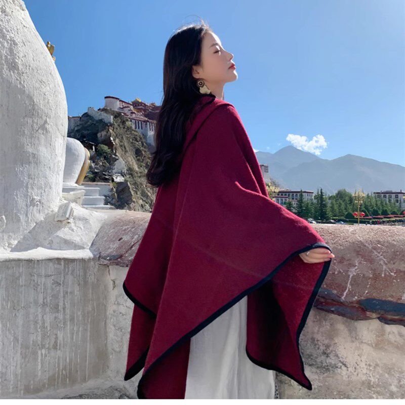 连帽披肩斗篷开叉超大沙漠旅游围巾两用办公室空调加厚保暖秋冬