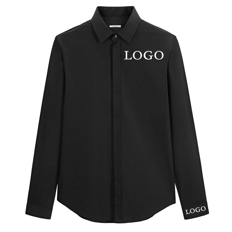 暗扣暗门襟长g袖衬衫男定制LOGO绣花印字理发店服装发型师黑色衬