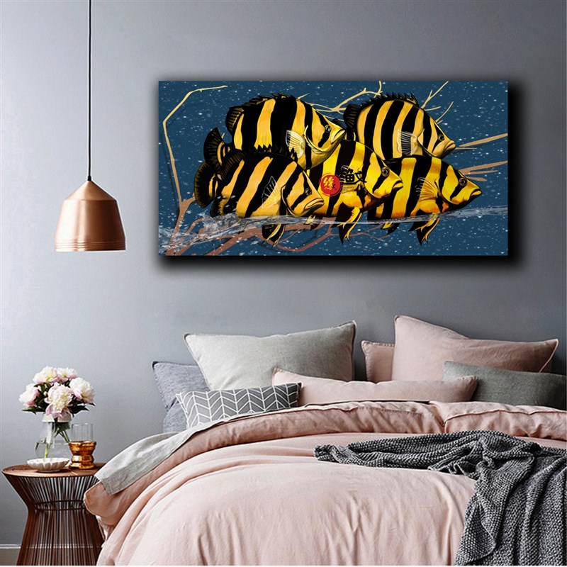 虎鱼装饰画办公室客厅水族馆招财艺术现代虎鱼茶台鱼缸后墙壁挂画