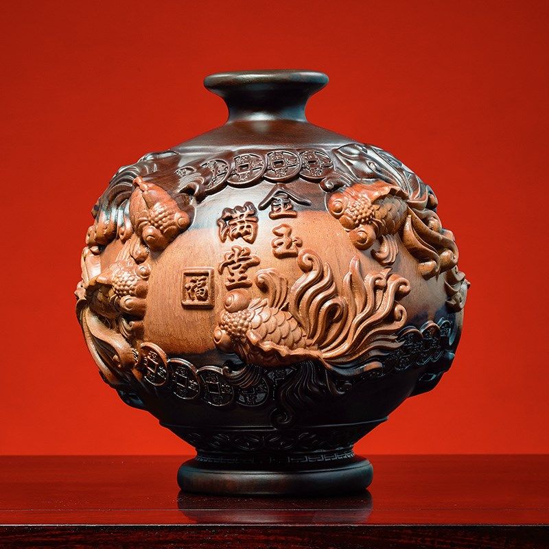 黑檀实木雕刻装饰花瓶摆件实木客厅插花新中式酒柜玄关红木工艺品