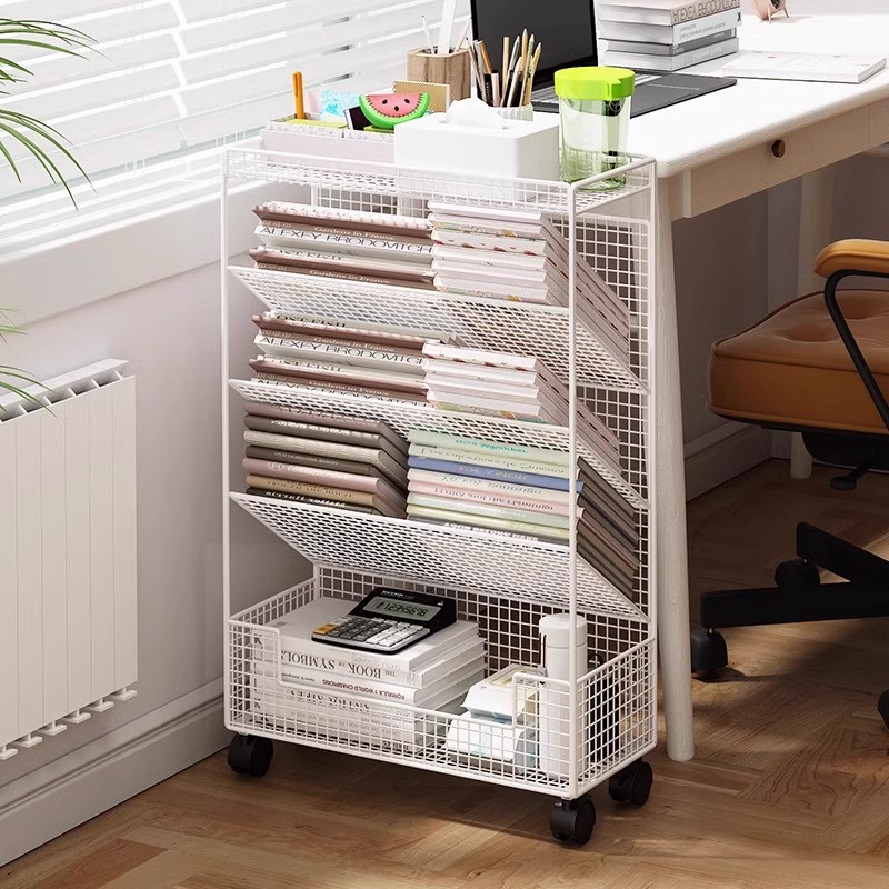 学习桌桌边落地式带轮小书架桌旁书立架儿童简易书柜可移动置物架