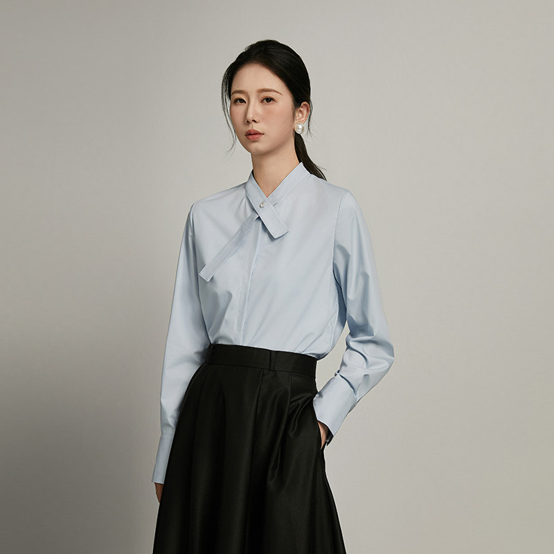 蓝色衬衫女设计感小众飘带职u业气质工装长袖2024新款蝴蝶结衬衣