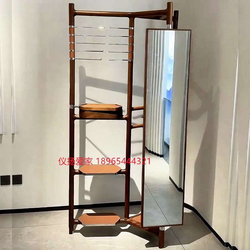 意式极简衣帽架黑胡桃木马鞍皮挂衣架穿衣镜 别墅大平层实木家具