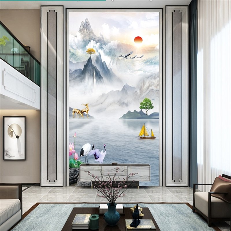 挑空客厅背景集成板影视墙画别墅挑高复式楼电视背景墙板竹木纤维