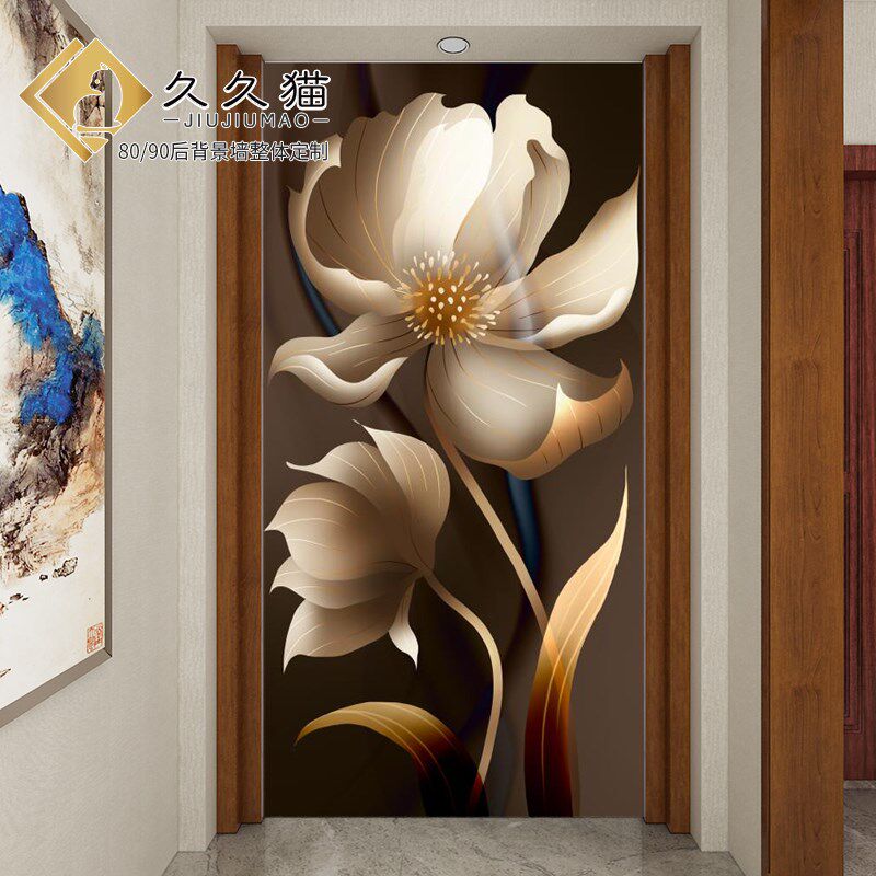 艺术瓷砖背景墙牡丹花开竖版防水样板房入户玄关墙画全瓷岩板墙砖