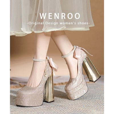 法式香槟金小个子高跟鞋女粗跟水晶伴娘婚鞋2025新款珍珠方头单鞋