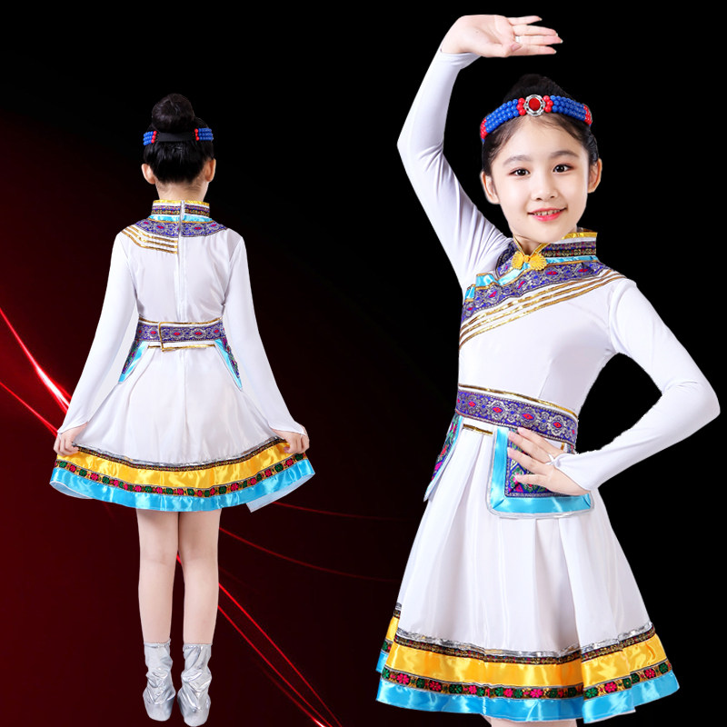 蒙族筷子舞出服装蒙古儿童表演服饰顶碗筷子舞女白色短款裙袍新品