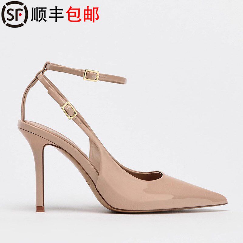 2025春夏ZA女鞋百搭漆皮包头一字式扣带凉鞋P尖头细跟高跟鞋女裸