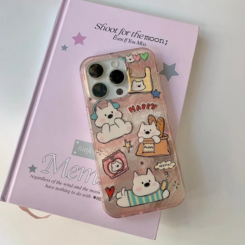 粉耳机小狗适用OPPOReno12/11/10/9手机壳锡纸纹OPPOfindx8Pro卡通OPPOA96/A93/A72/A1x/55/58可爱保护硬套