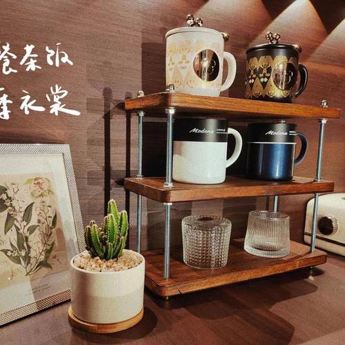 德国品质古风茶杯架隔层桌面新中式实木架子办公工位收纳书架