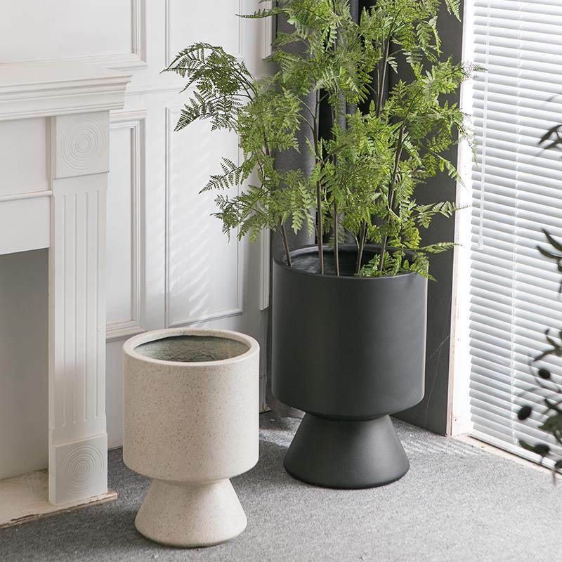 北欧镁泥落地花盆极简杯型白色软装特大花器客厅民宿商场别墅摆件