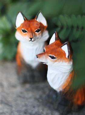 鹿妖商店 红狐狸 手工木雕 实木狐狸雕塑 创意摆件 北欧风 九尾狐