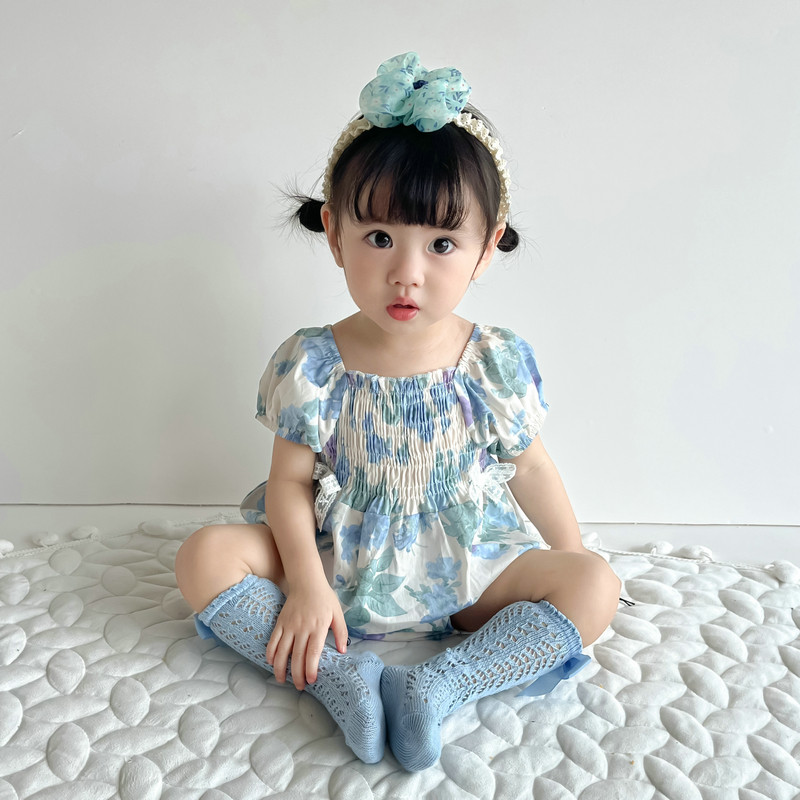 婴儿连身衣夏款韩版婴q幼儿碎花泡泡袖包屁哈衣宝宝夏季薄款三角