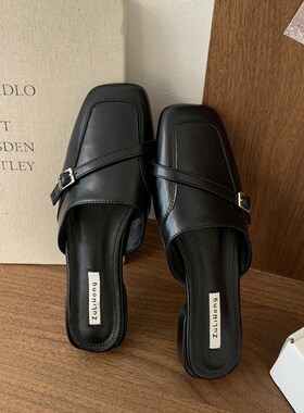 2025年春秋新款一脚蹬黑色方头韩版时尚懒人包头半拖鞋女外穿凉拖