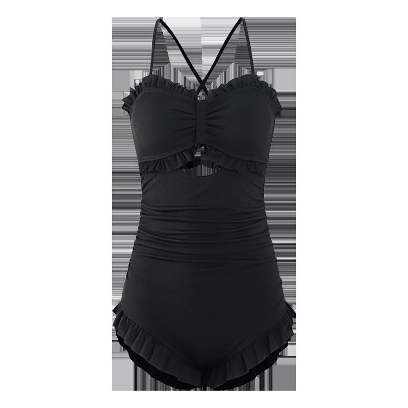 北岛黑色学生长袖泳衣遮肚显瘦保守女保守温泉连体平角游泳衣