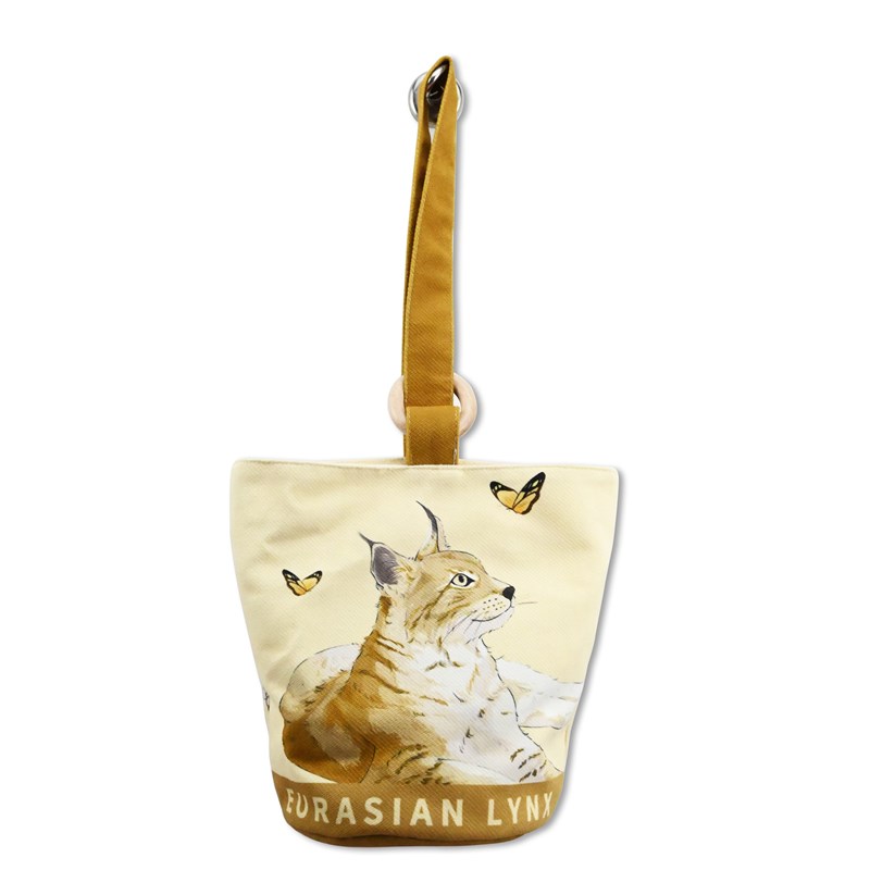 猞猁手绘可爱动物手提袋休闲帆布包时尚印花手提包磁扣潮流水桶包