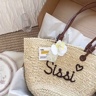 可定制字母 手工编织大容量草编包单肩手提包 海滩度假通勤