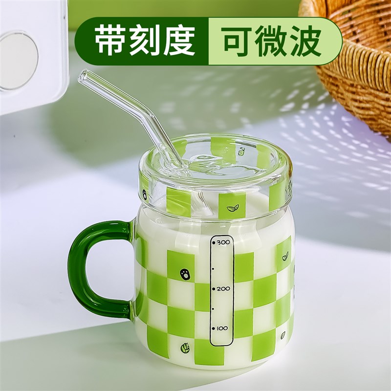 吸管玻璃杯带刻度牛奶杯q2025新款女生办公咖啡杯微波炉加热冲奶