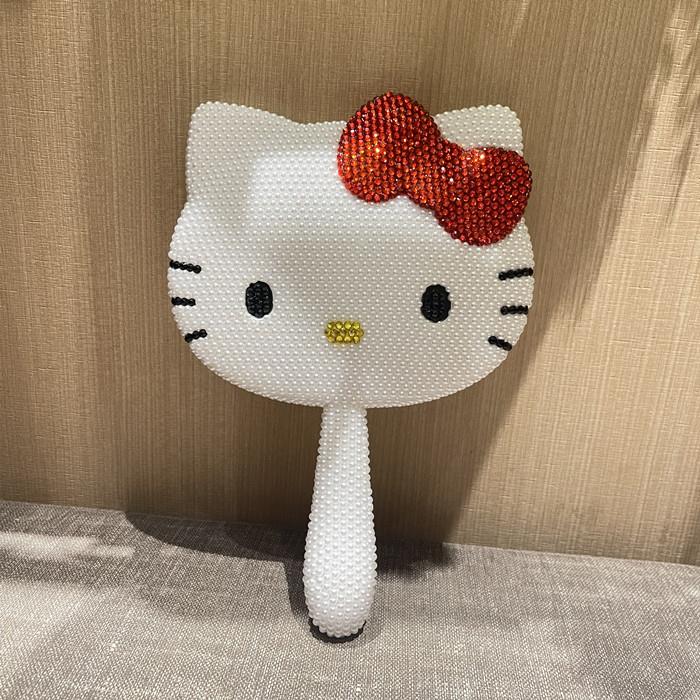 手工镶钻便携镜小花猫化妆镜手工DIY制作镜子钻粘时尚KT猫手柄镜