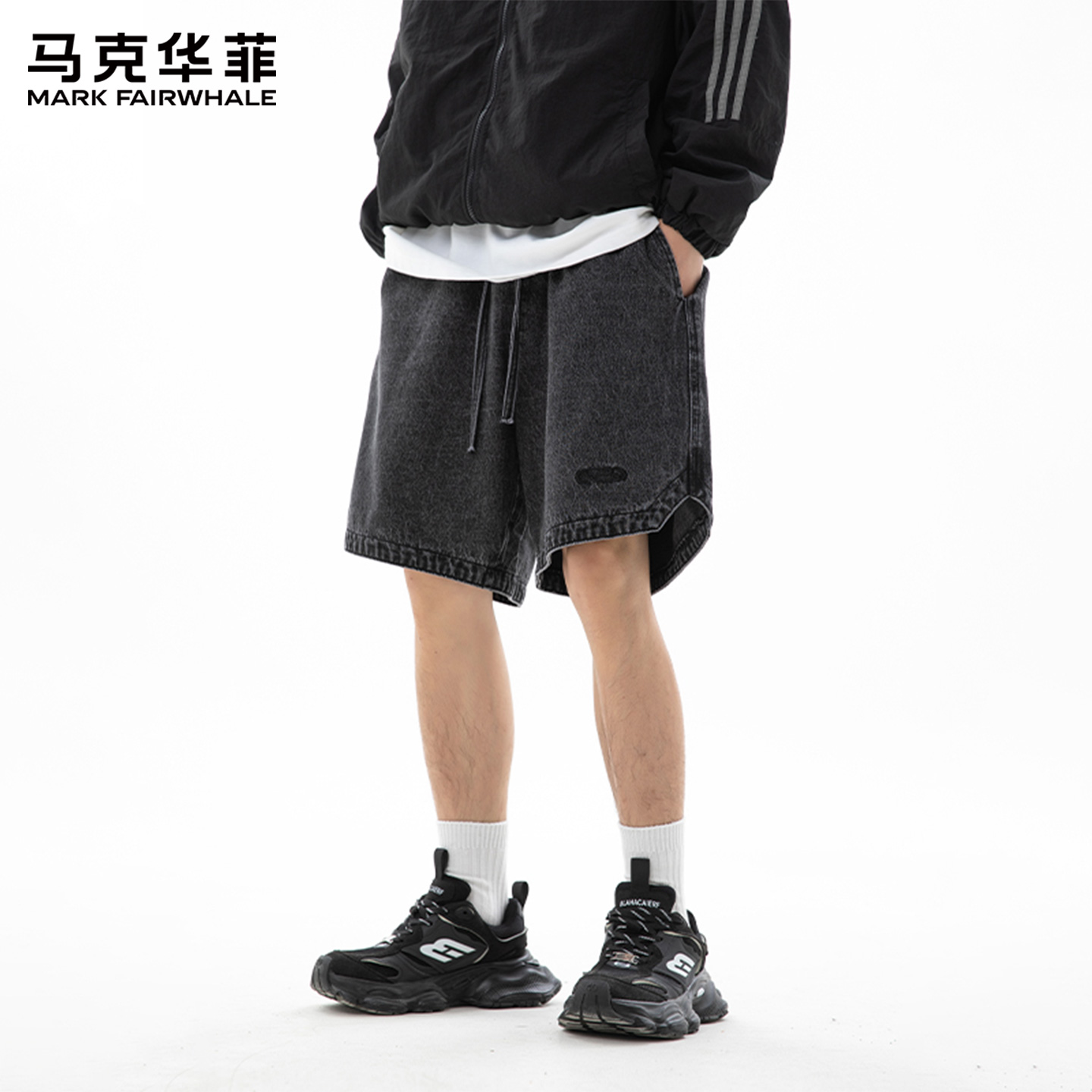 马克华菲夏季牛仔短裤男2025新款宽松直筒中裤男款潮牌五分裤子X