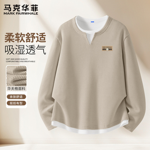 马克华菲华夫格假两件长袖T恤男春季美式潮流V领高级男士打底衫X