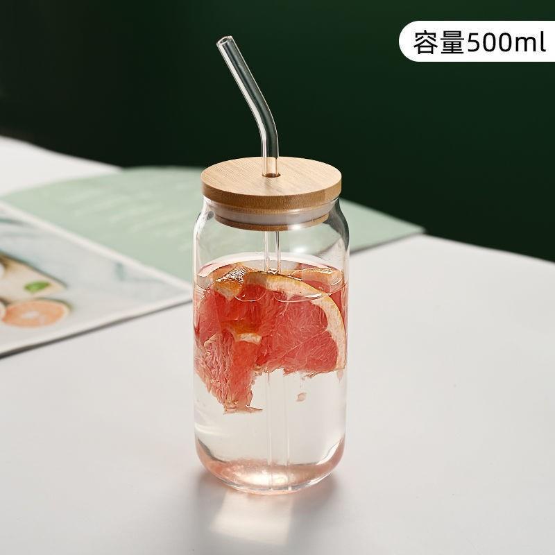 新品玻璃水杯可乐易拉罐造型杯子耐温自制饮料咖啡冷饮品带盖吸管