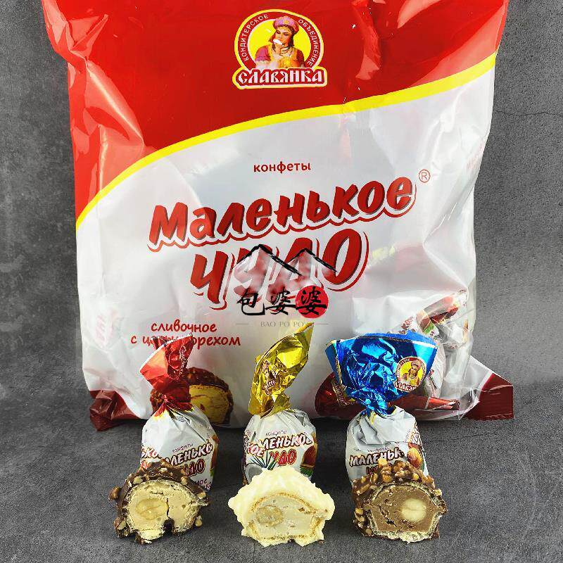 俄罗斯进口斯拉夫椰蓉榛仁夹心巧克力糖花生奶罐威化糖果500克