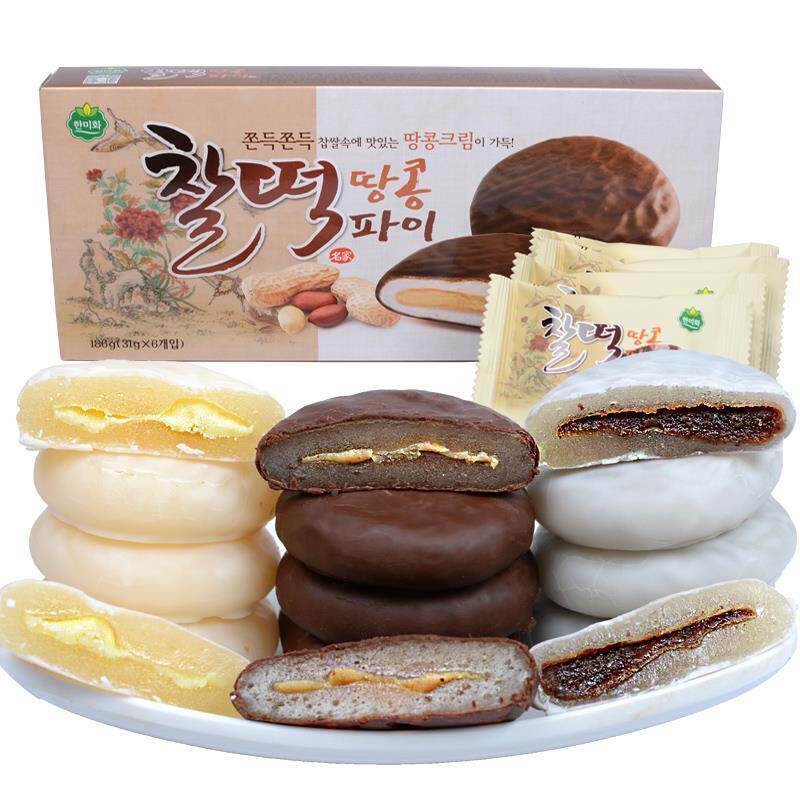 韩国进口零食韩美禾花生白色香蕉味打糕甜味夹心糕点186g*3盒包邮