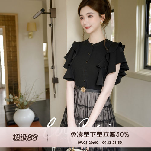 COCO BECCI【黑玫瑰】法式朦胧感飞袖网纱亮片夏季连衣裙2026新款