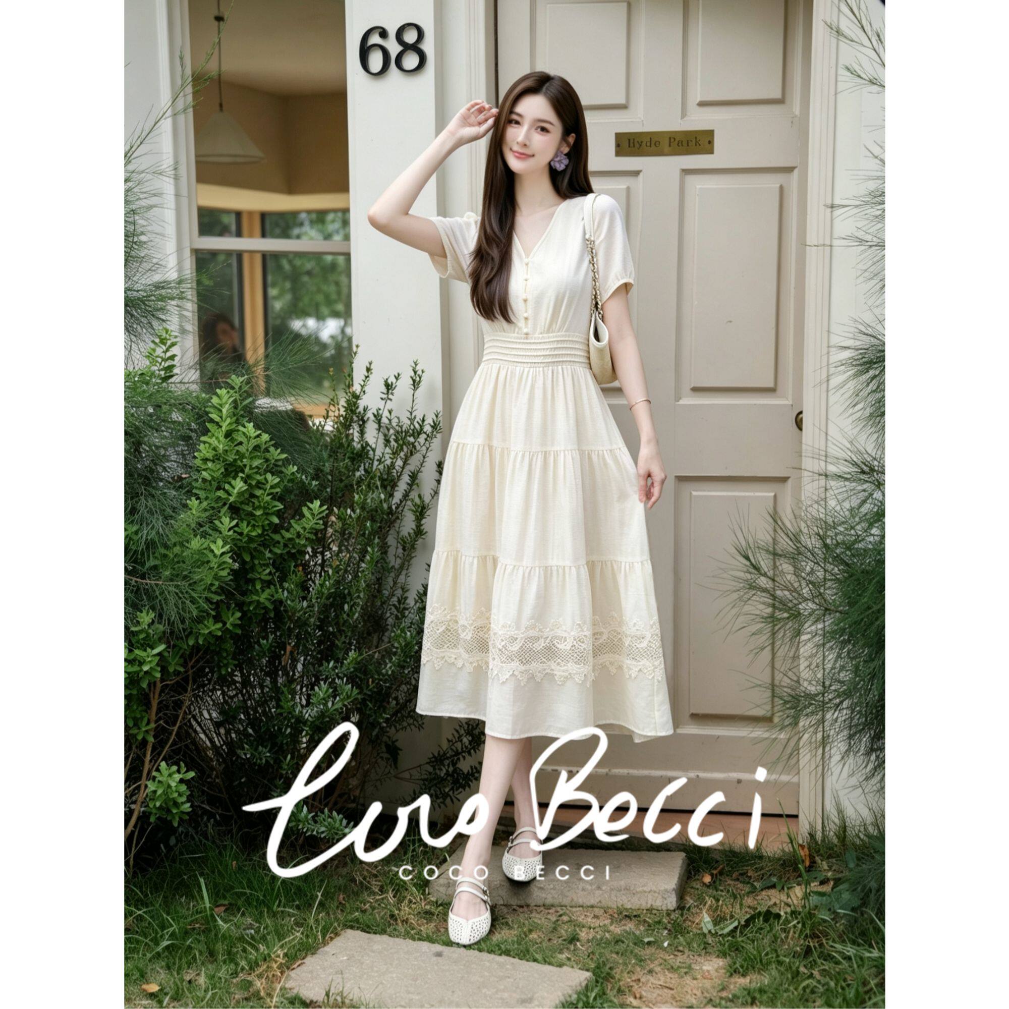 COCO BECCI【月光浮梦】天丝V领泡泡袖蕾丝拼接连衣裙中长款女夏