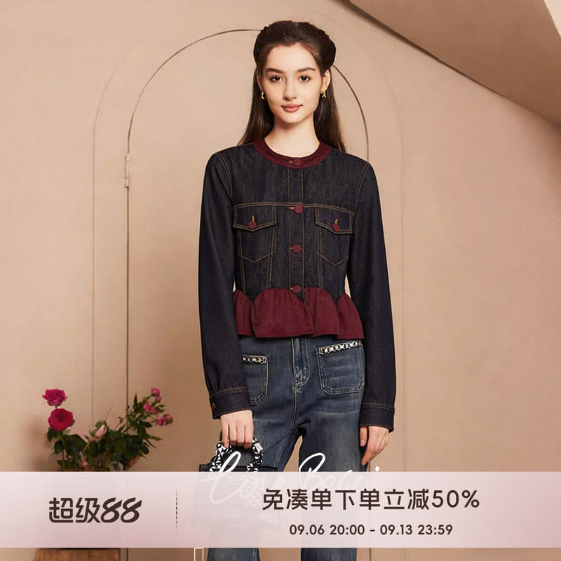 COCO BECCI【时光画报】复古印花牛仔麂皮减龄牛仔外套女2026秋冬