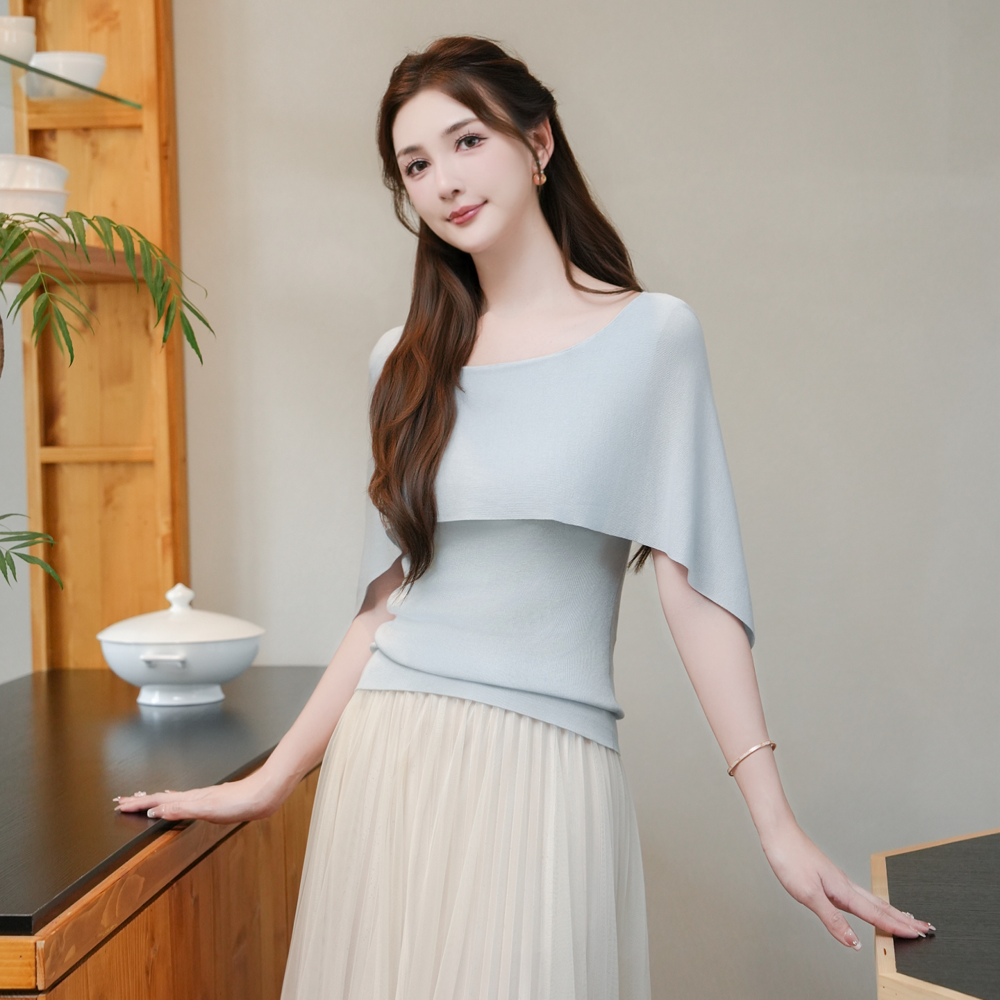 COCO BECCI【天丝斗篷小衫】100莱赛尔假两件斗篷针织衫上衣女夏