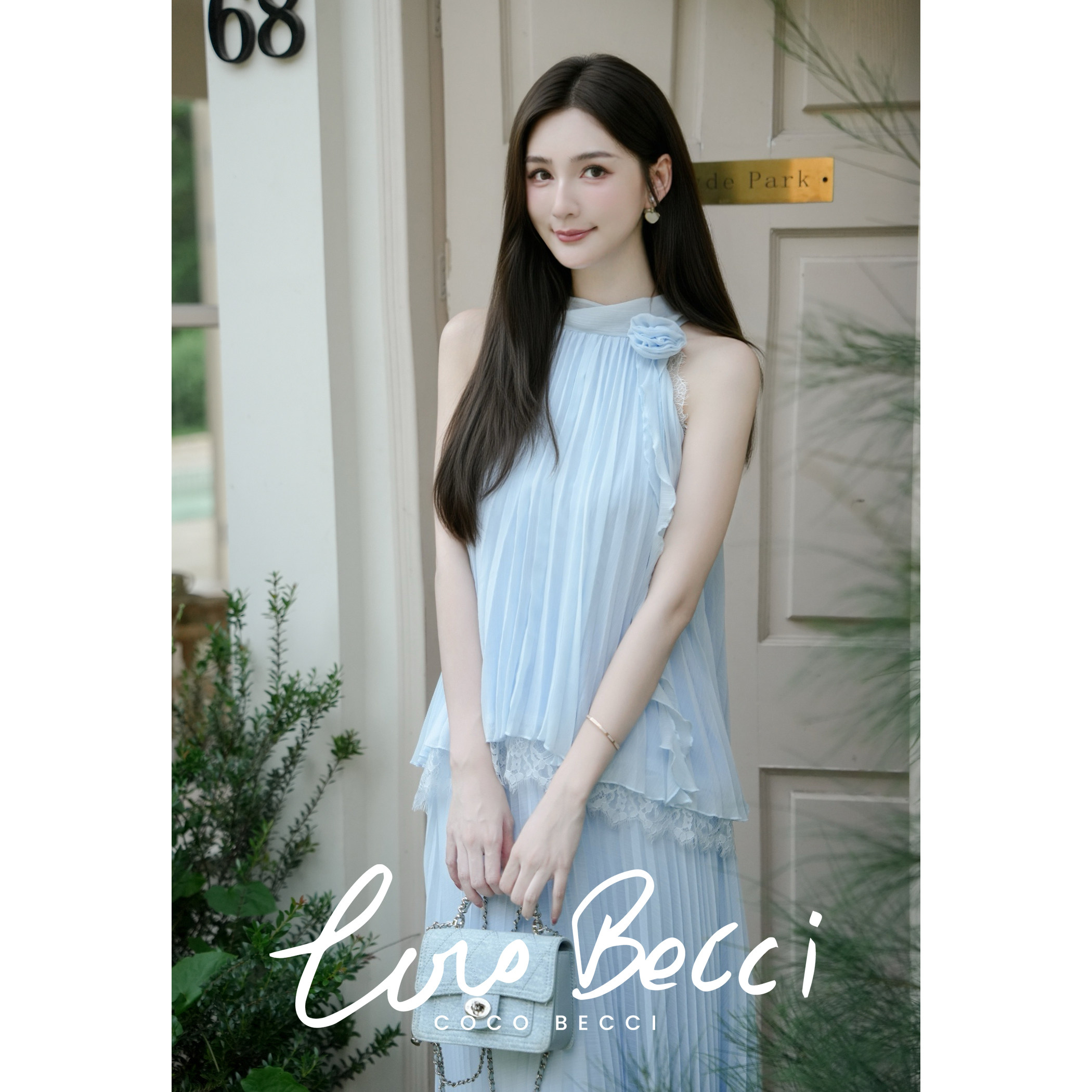 COCO BECCI【云边花信】法式挂脖风琴吊带高腰A字温柔裙子套装女