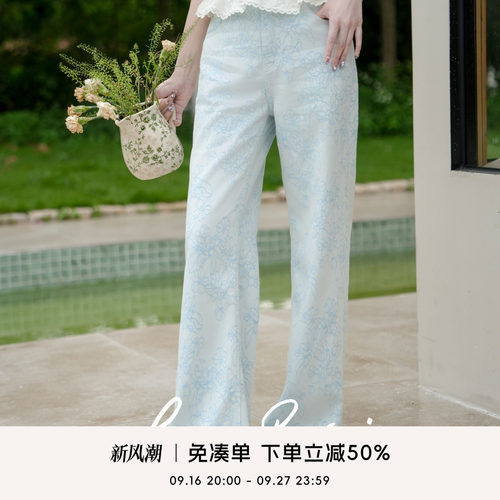 COCOBECCI莱赛尔国风碎花牛仔裤