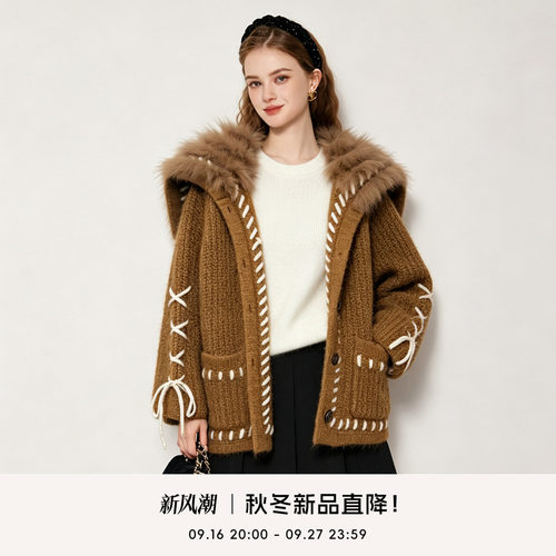 COCO BECCI【加州日落】羊毛狐狸毛复古粗线编织针织开衫女2026秋