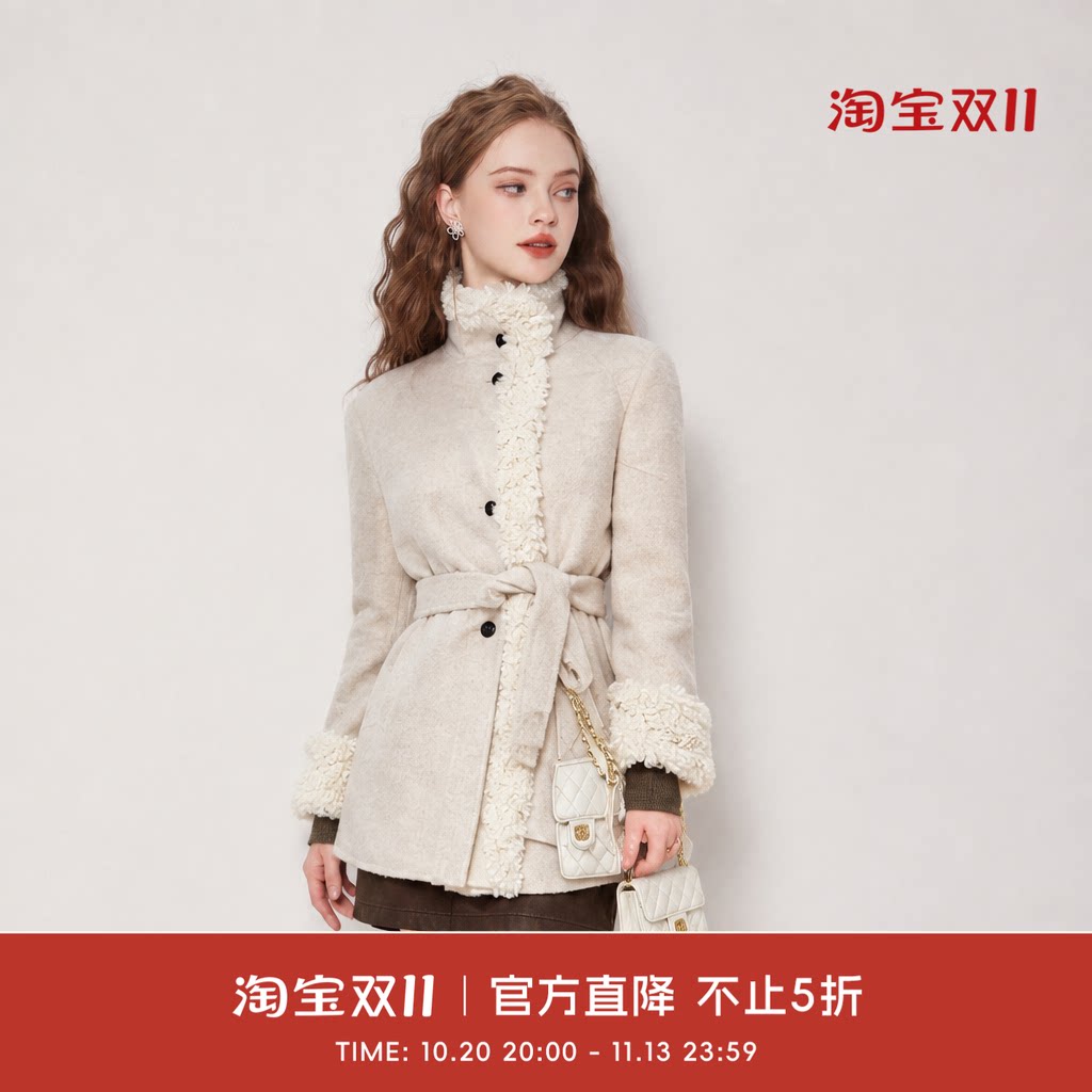 COCO BECCI【椰蓉雪顶】绵羊毛羊驼毛天丝翻领系带外套女2026秋冬