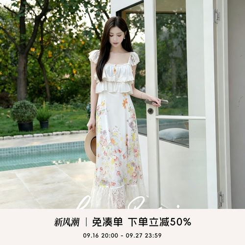 COCO BECCI【南法假日】法式方领碎花泡泡袖连衣裙长款女夏季新款