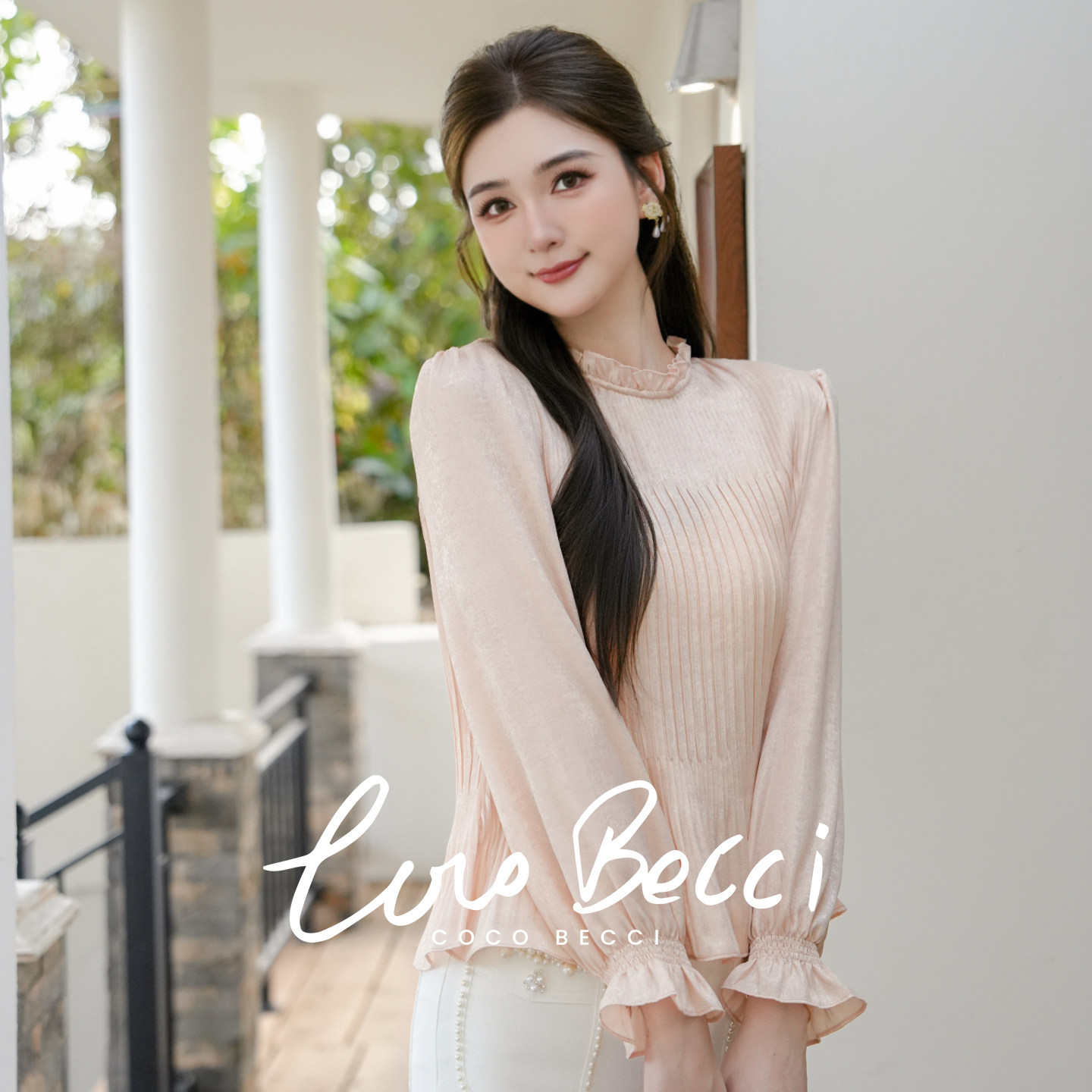COCO BECCI【风琴小衫】法式木耳边立领收腰压褶衬衫CGLJA111020