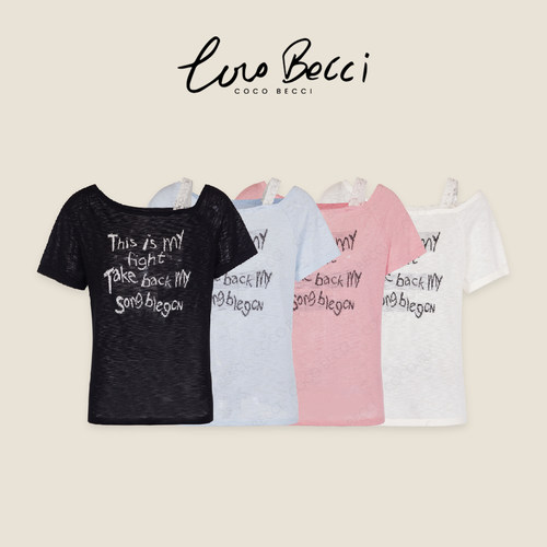 COCO BECCI【蕾丝单肩T】亚麻混纺单边蕾丝肩百搭针织衫短袖t恤女