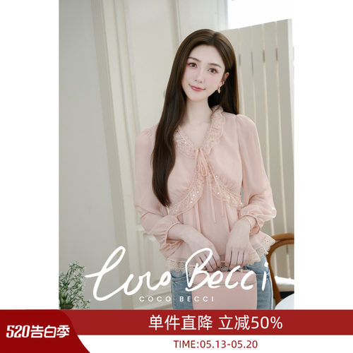 COCOBECCI蕾丝泡泡袖雪纺小衫