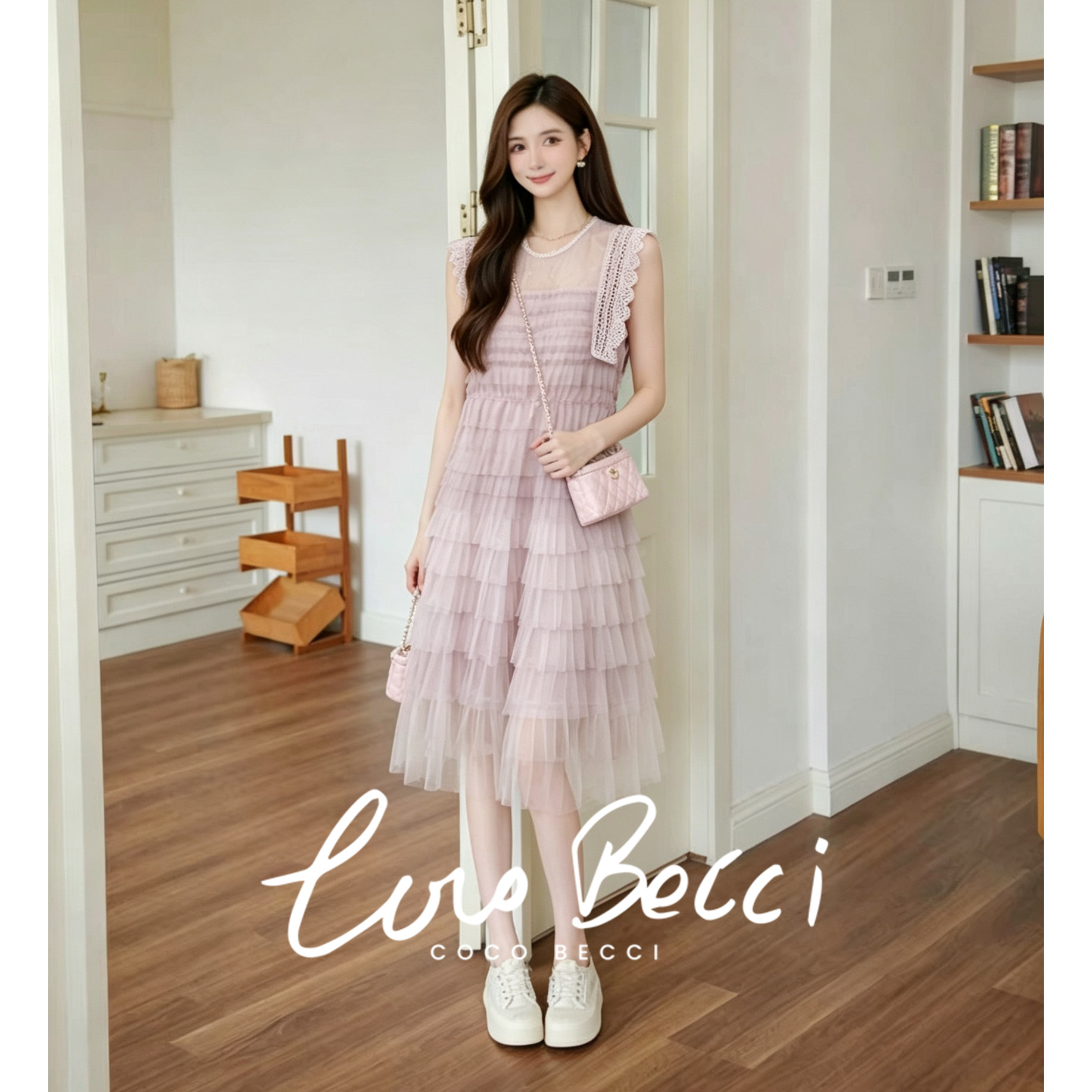COCO BECCI【香氛千层】复古浪漫感A字网纱蛋糕连衣裙女夏季新款