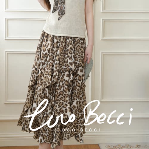 COCO BECCI【豹纹半裙】豹纹印花不规则荷叶边半身裙中长款女夏季