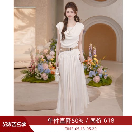 COCO BECCI【维纳斯】法式气质荡领收腰压褶流光显瘦套装CGB15411