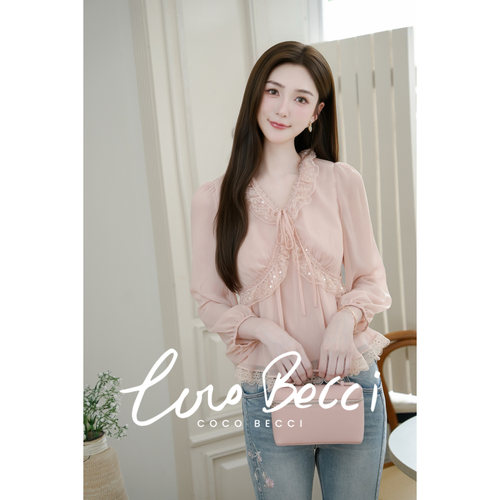 COCO BECCI【樱花手礼】温柔风蕾丝泡泡袖雪纺小衫T恤长袖上衣女