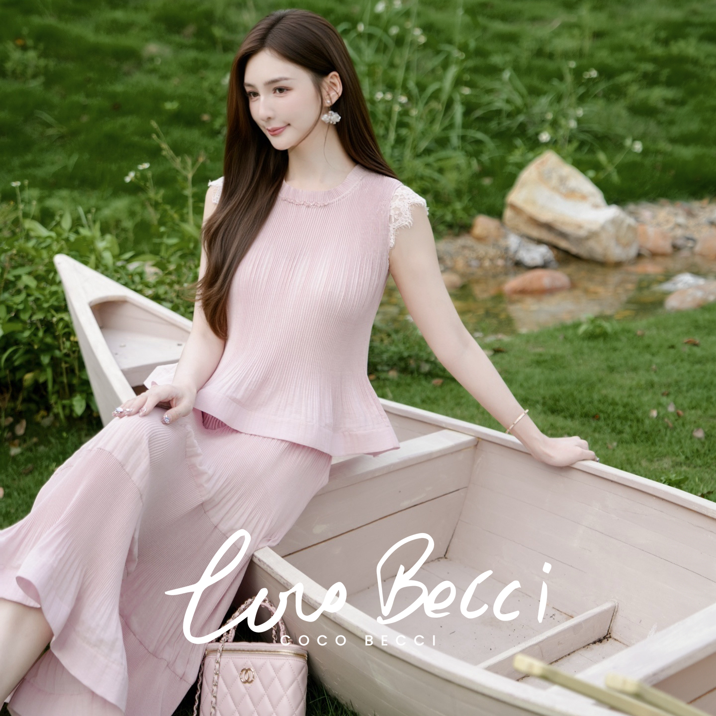 COCO BECCI【浪漫幻想】法式风琴压褶蕾丝飞袖裙子套装女夏季新款
